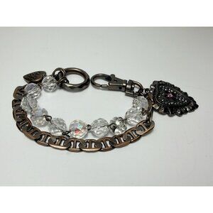 Betsey Johnson Crystal Bead Chain Charm Bracelet Heart Gothic Style 8"